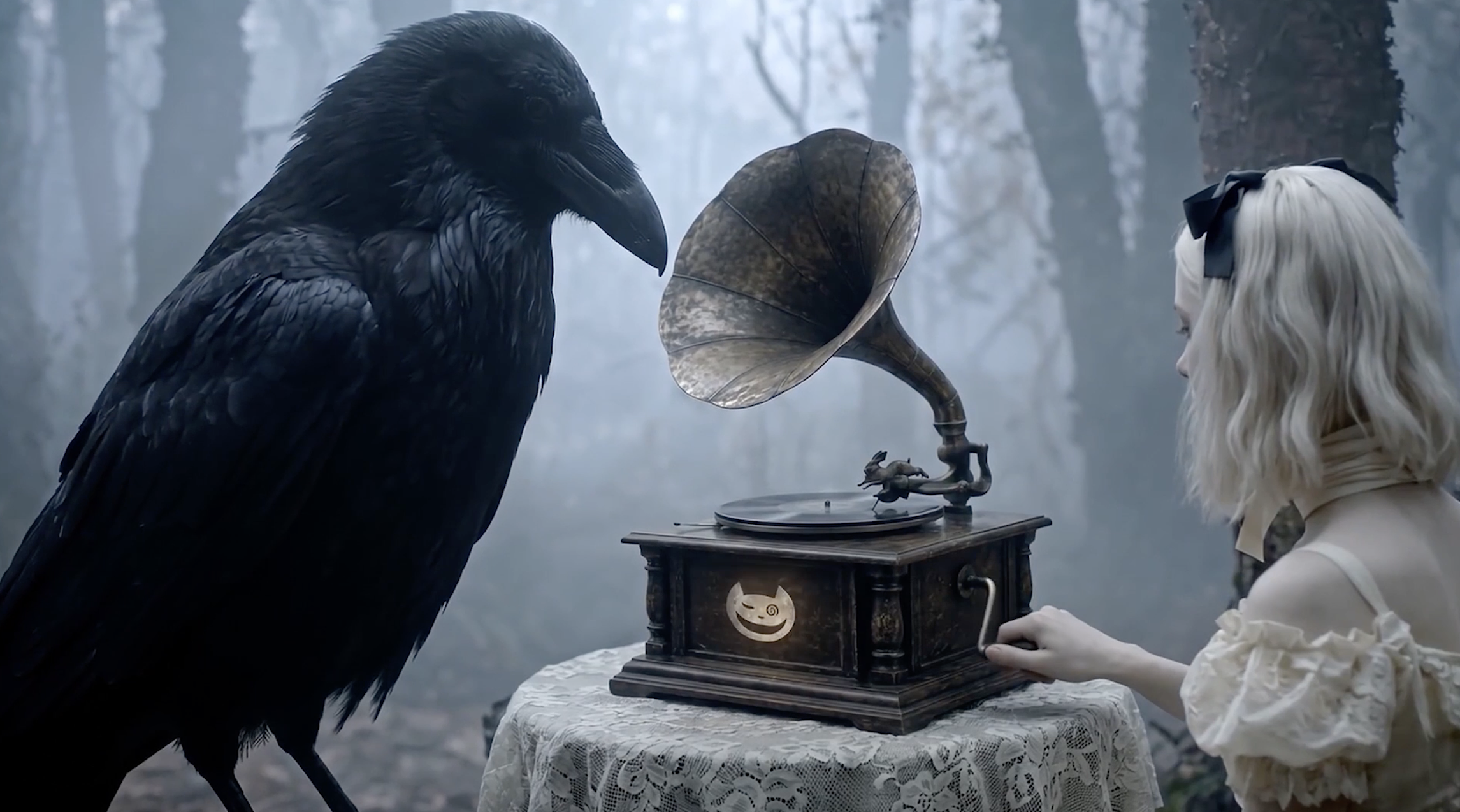 A person dressed in vintage clothing with long blonde hair is playing an antique gramophone in a foggy forest. A large black raven is perched nearby, observing the scene.