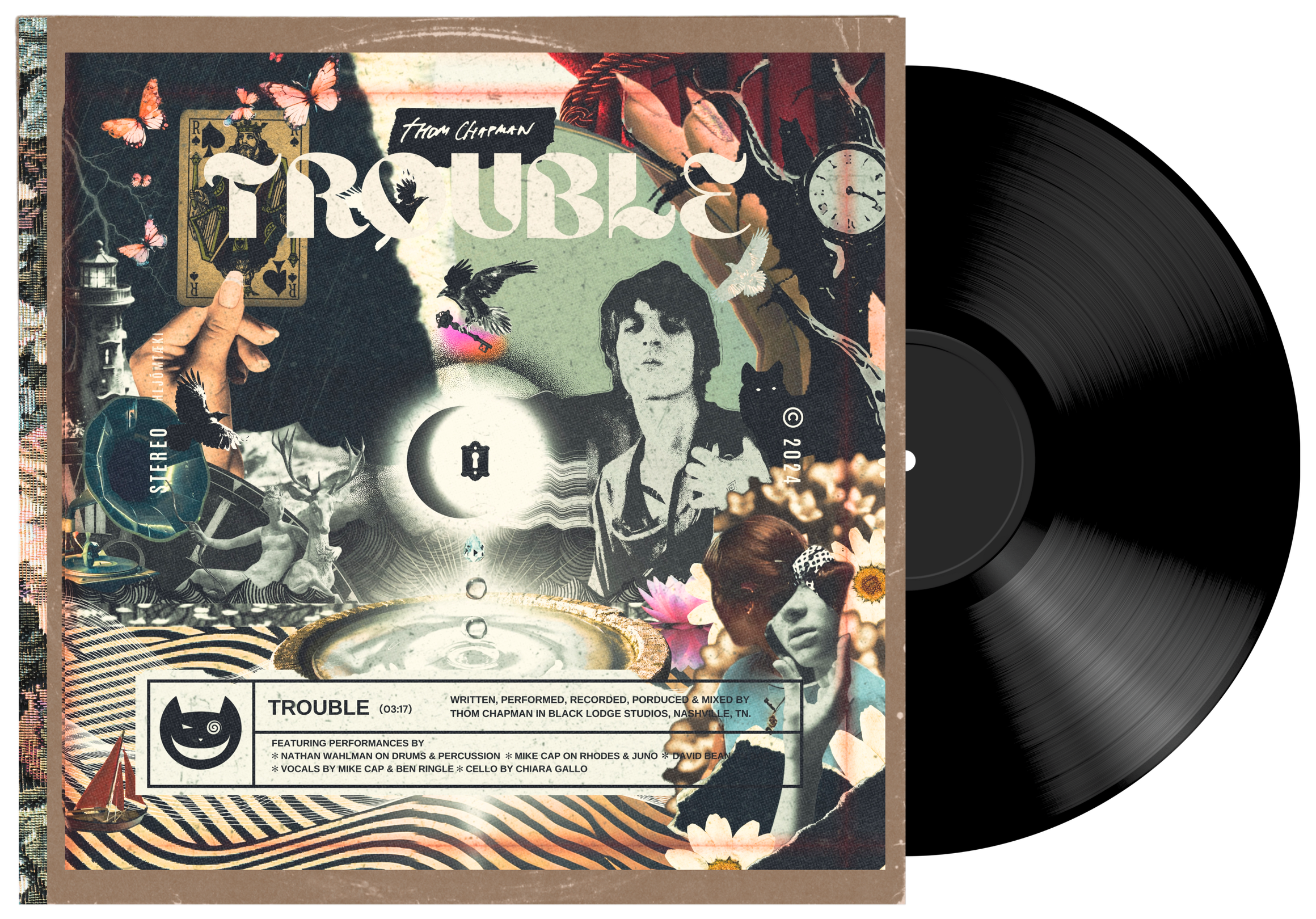 Album cover for 'Trouble' by Thom Chapman, featuring collage of vintage and surreal images including a woman with sunglasses, a man holding a camera, flowers, birds, a clock, and black and white graphics, with a printed label describing the track and performers.