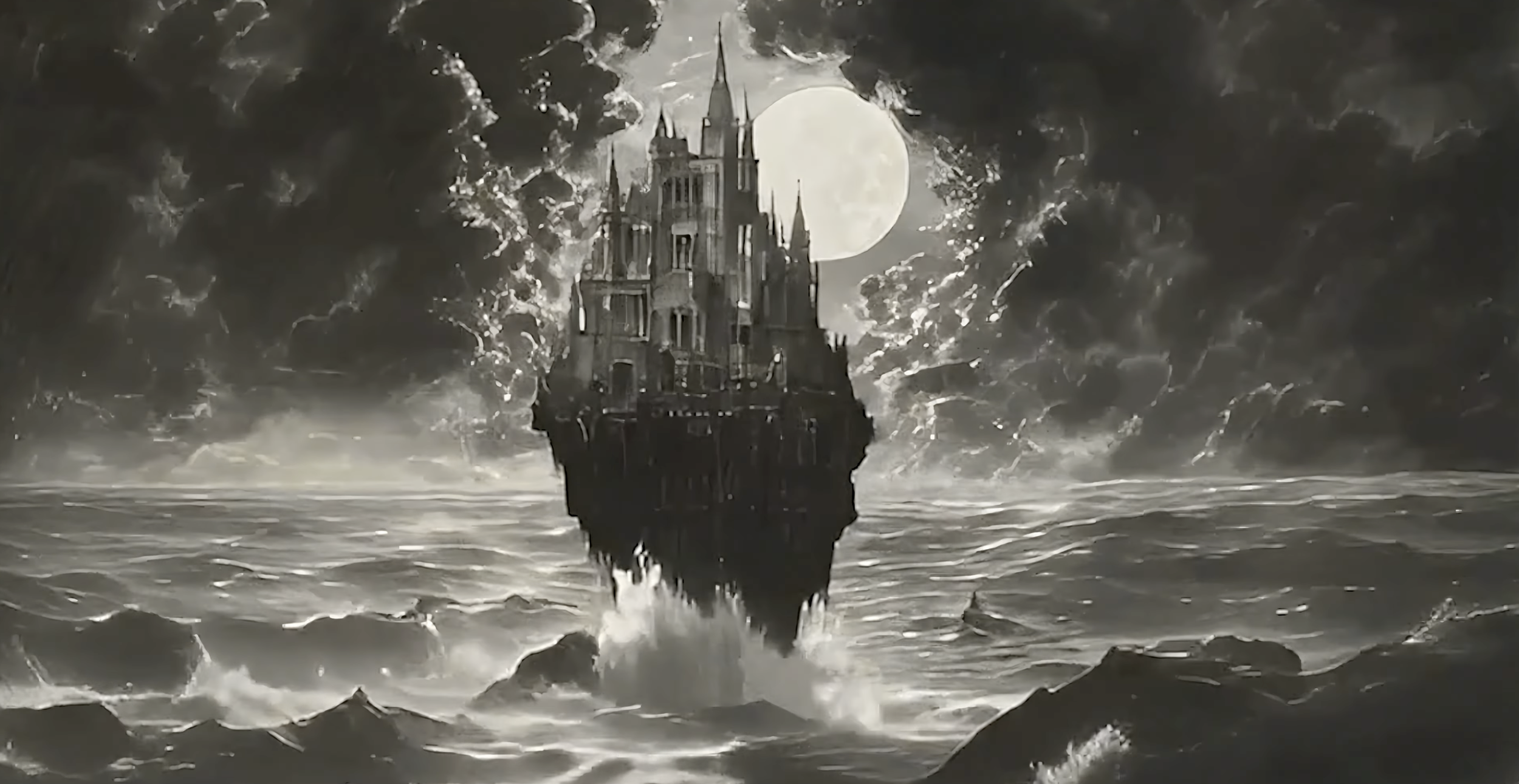 a floating cathedral castle island levitates over a storming ocean