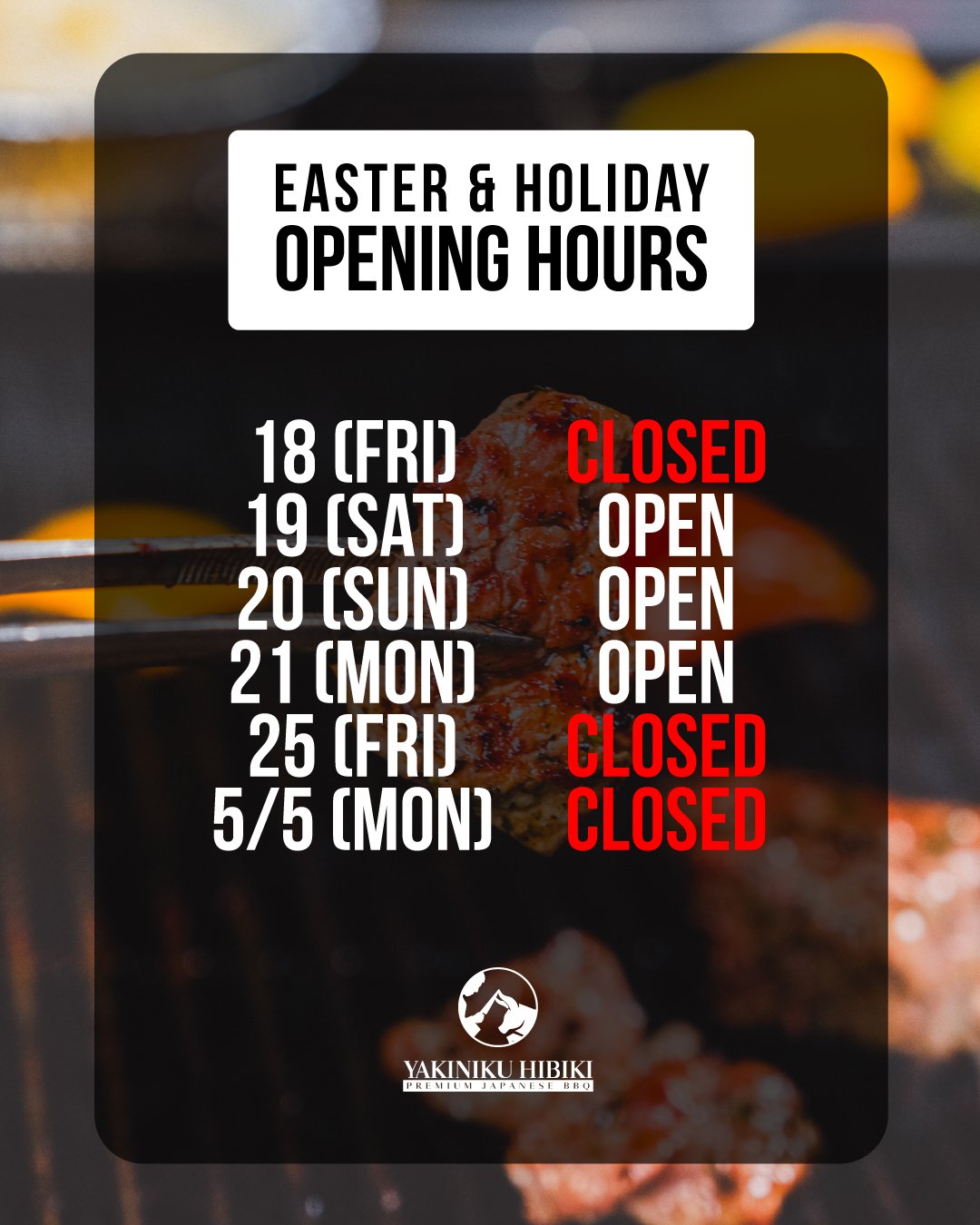 Happy Holidays.
*There is a 20% surcharge applies on public holidays.
The more, the better
Yakiniku Hibiki | Premium Japanese BBQ
SUNSHINE PLAZA
šwww.yakinikuhibiki.com.au
#todobrisbane
#brisbanefoodie
#Japanesefood
#instafood
#japanesebbq
#ya