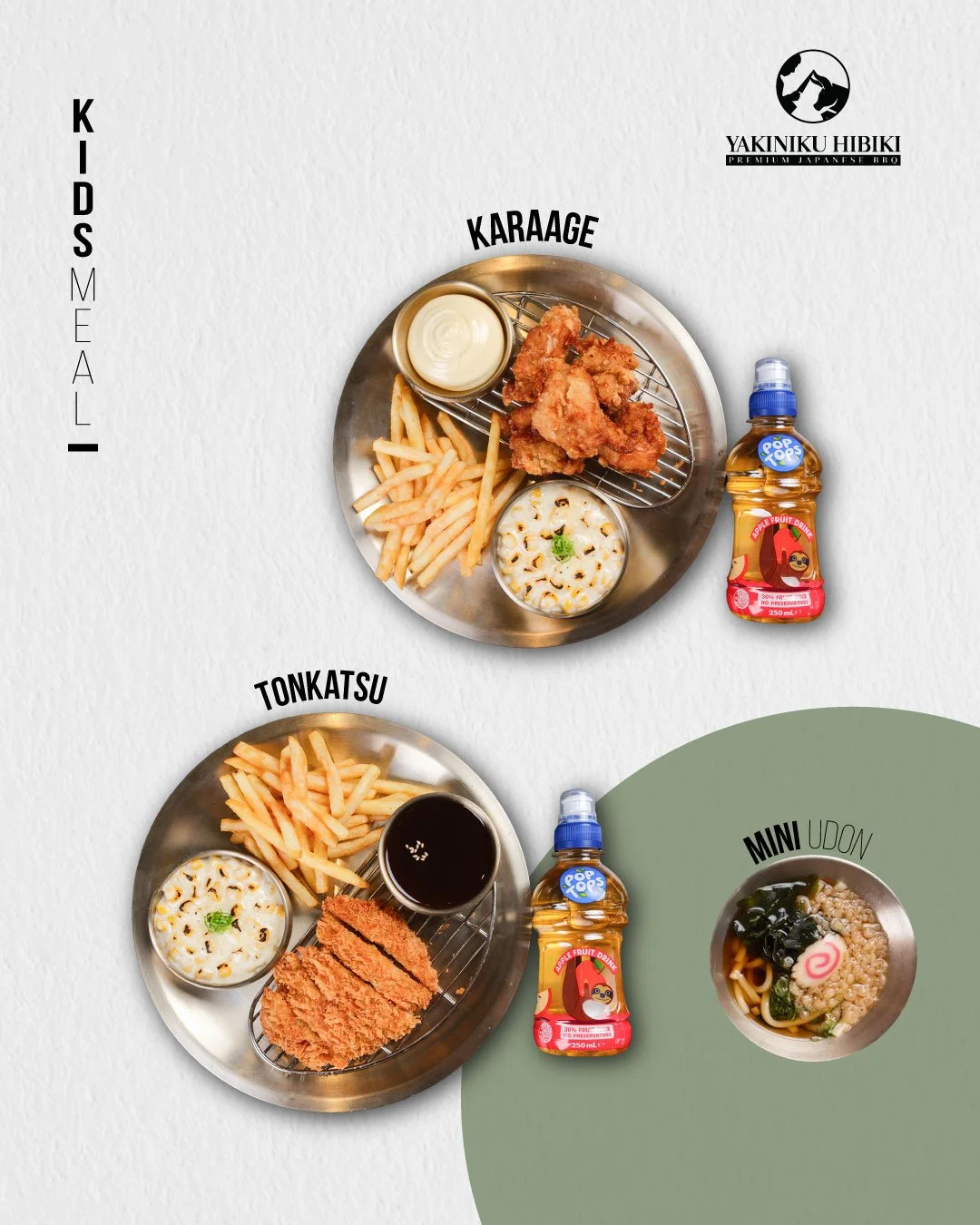 Our Kids Meal is packed with favourites little ones love! Choose Tonkatsu or Karaage Chicken, with Corn Cheese, Chips, and a Pop Top drink. Add a mini Udon for just $4. A fun and satisfying set that kids can’t get enough of – only at Yaki