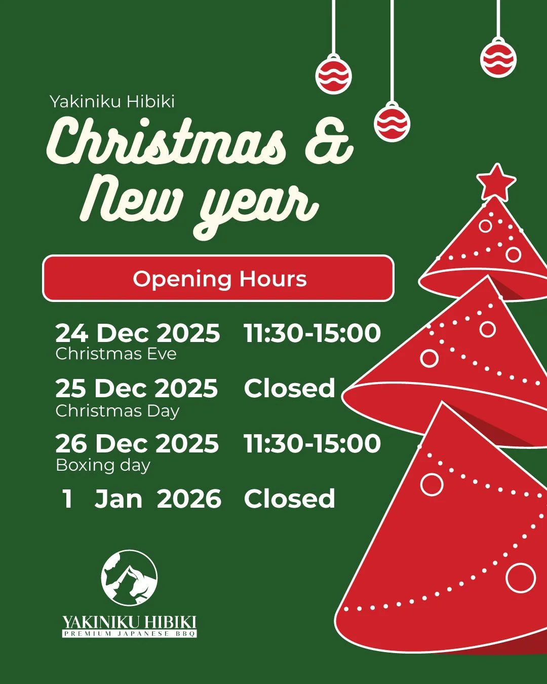 Happy Holidays from Yakiniku Hibiki Opening Hour. Wishing you a joyful year-end. 
The more, the better 
Yakiniku Hibiki | Premium Japanese BBQ
SUNSHINE PLAZA
🌐www.yakinikuhibiki.com.au
#todobrisbane 
#brisbanefoodie 
#Japanesefood
#instafood 
#japan