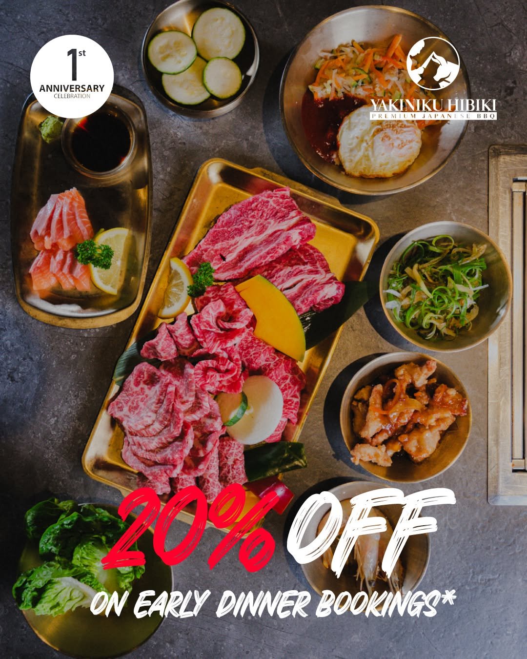 🎉 Yakiniku Hibiki Sunshine &ndash; 1st Anniversary Celebration 🎉
To celebrate our 1st anniversary, we&rsquo;re excited to bring you 3 special offers!
📅 All promotions start from February 2

🍽️ Event 1: Early Dinner Special

Enjoy 20% OFF your mea