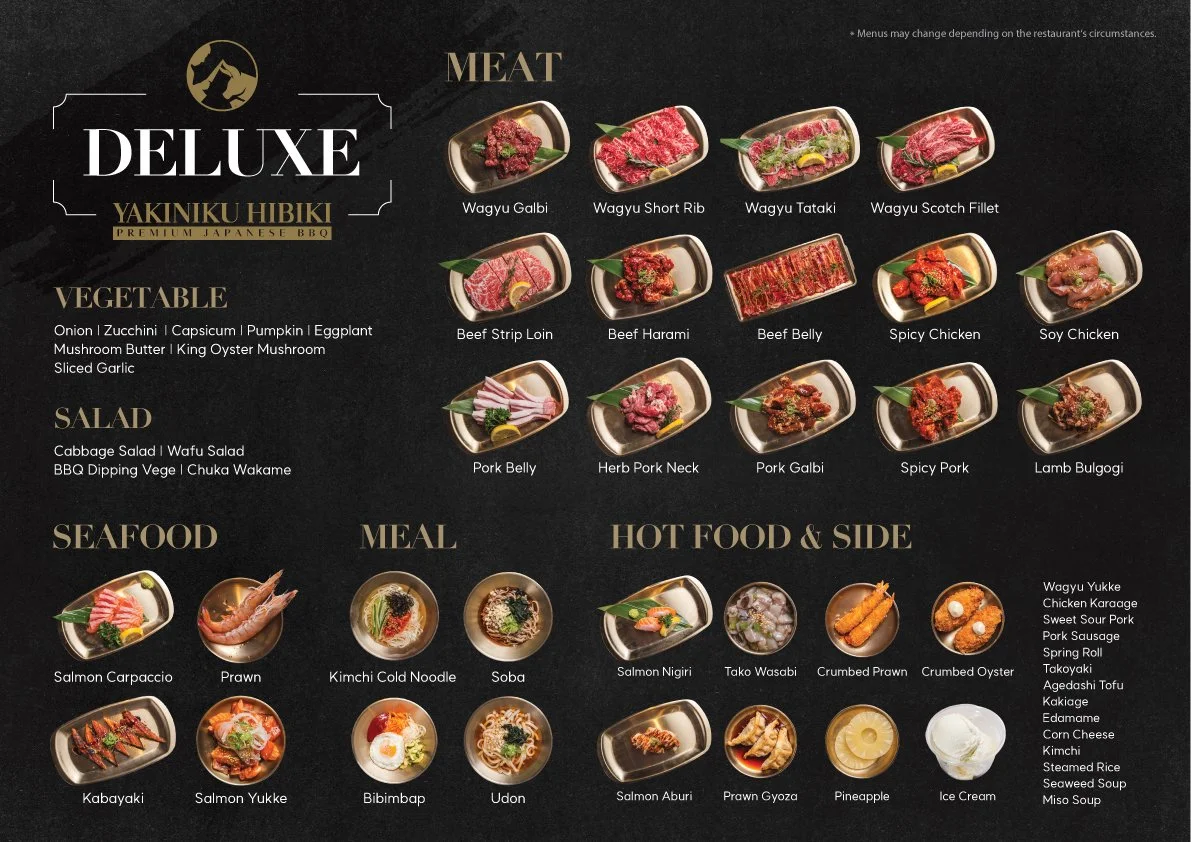 Menu featuring premium Japanese BBQ dishes including various beef, pork, chicken, seafood, and side options, with images of each dish on a black background.
