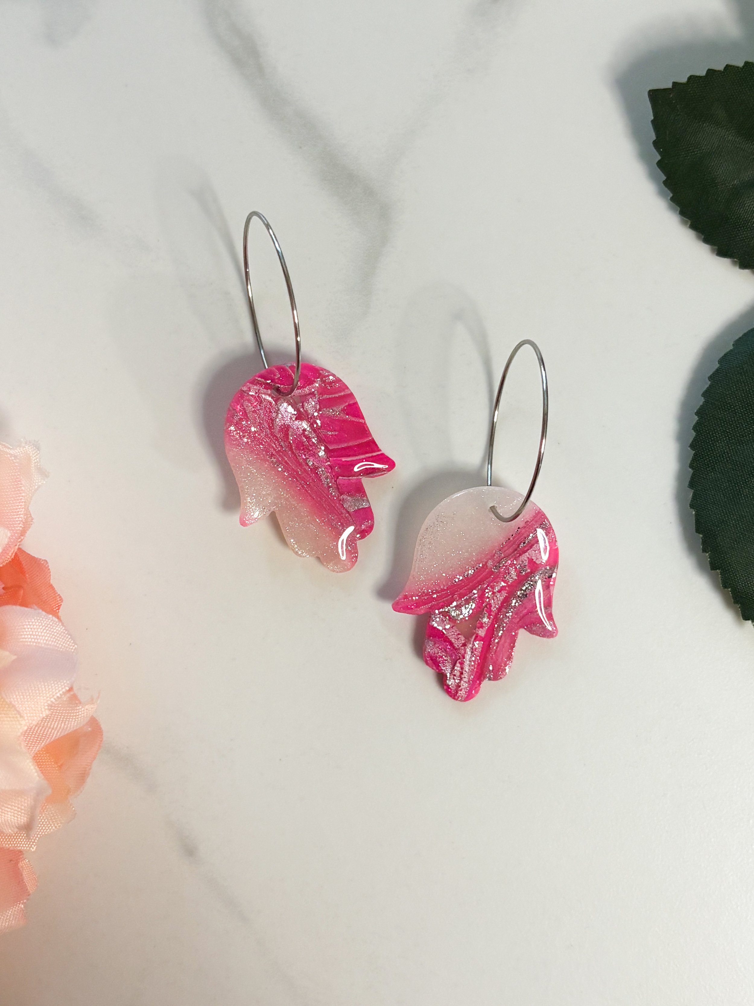 Pink Geode Hamsa Hoops