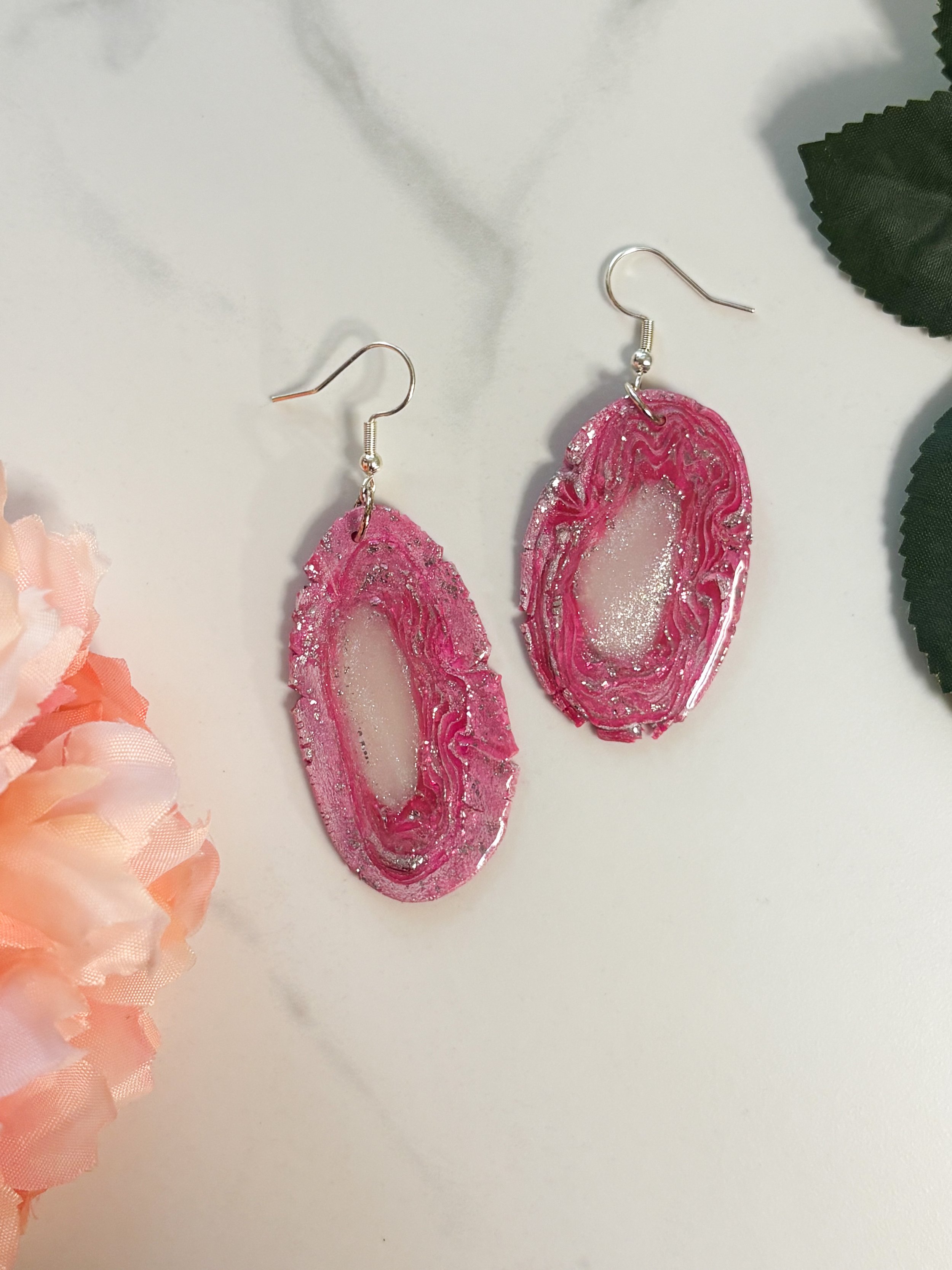 Pink Geode Slice Dangles