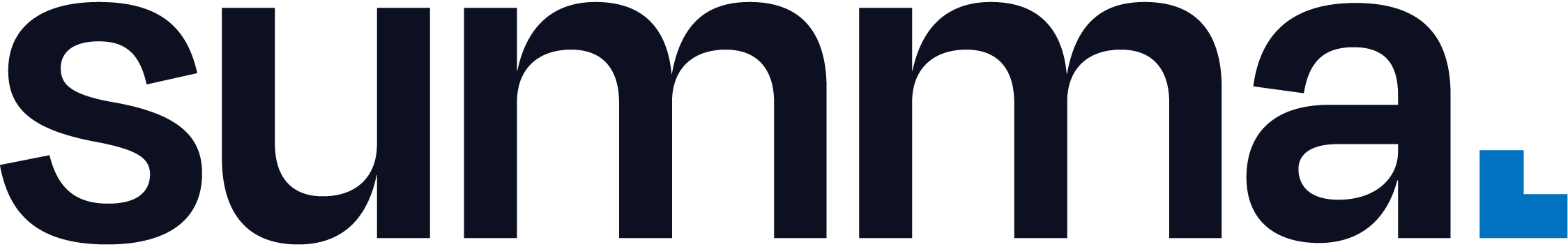 The word 'summer' in large bold black letters with a blue l-shaped design at the end.
