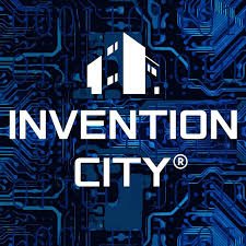 Logo for Invention City with stylized buildings and a circuit board background.