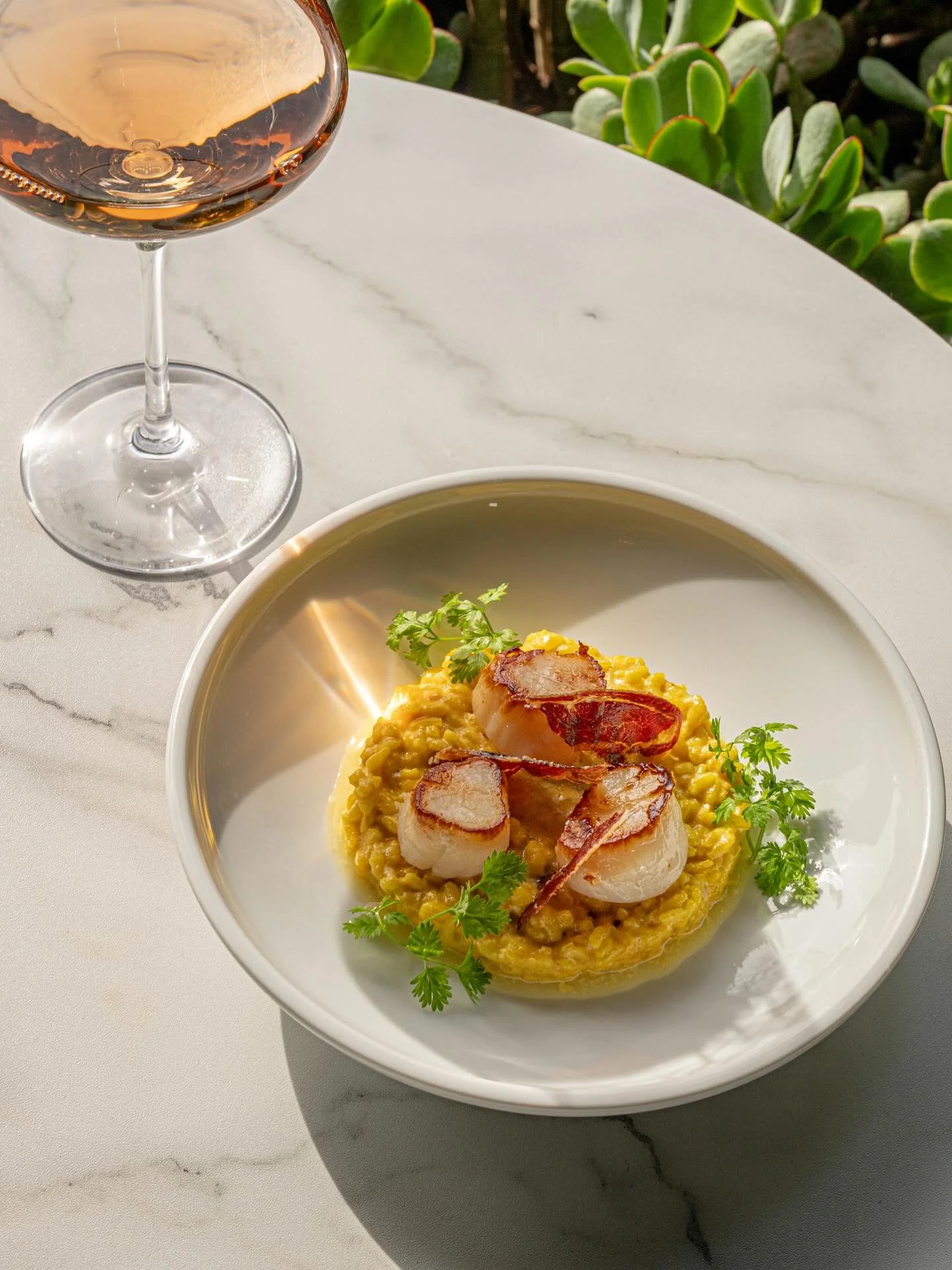 Seared Hokkaido scallops, saffron &amp; corn risotto with Joselito Iberico ham crisps