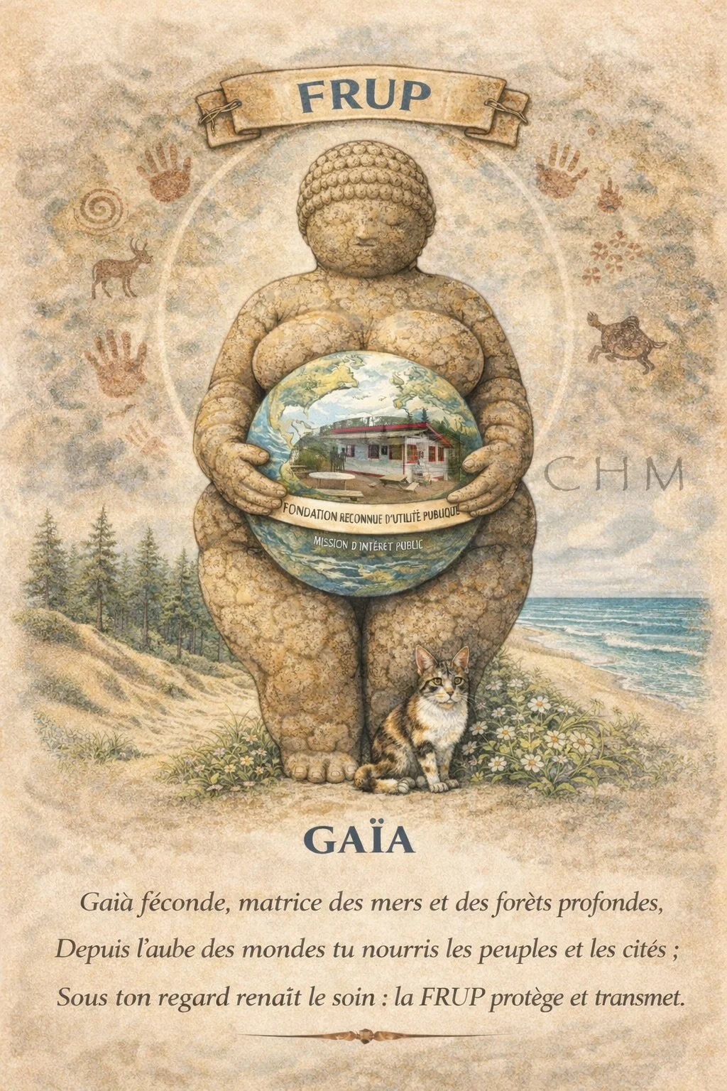 Gaia féconde, matrice des mers et des forèts profondes, Depuis l'aube des mondes tu nourris les peuples et les cités ; Sous ton regard renait le soin : la FRUP protège et transmet.