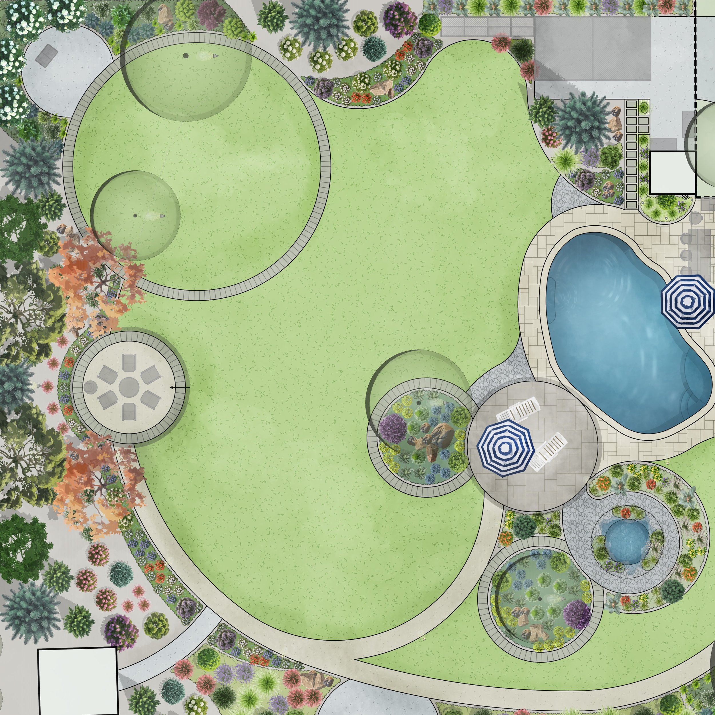 A detailed landscape design with a large central grassy area, a swimming pool with an umbrella and lounge chairs, various flower beds, circular patios, and walking paths with a variety of trees and shrubs.