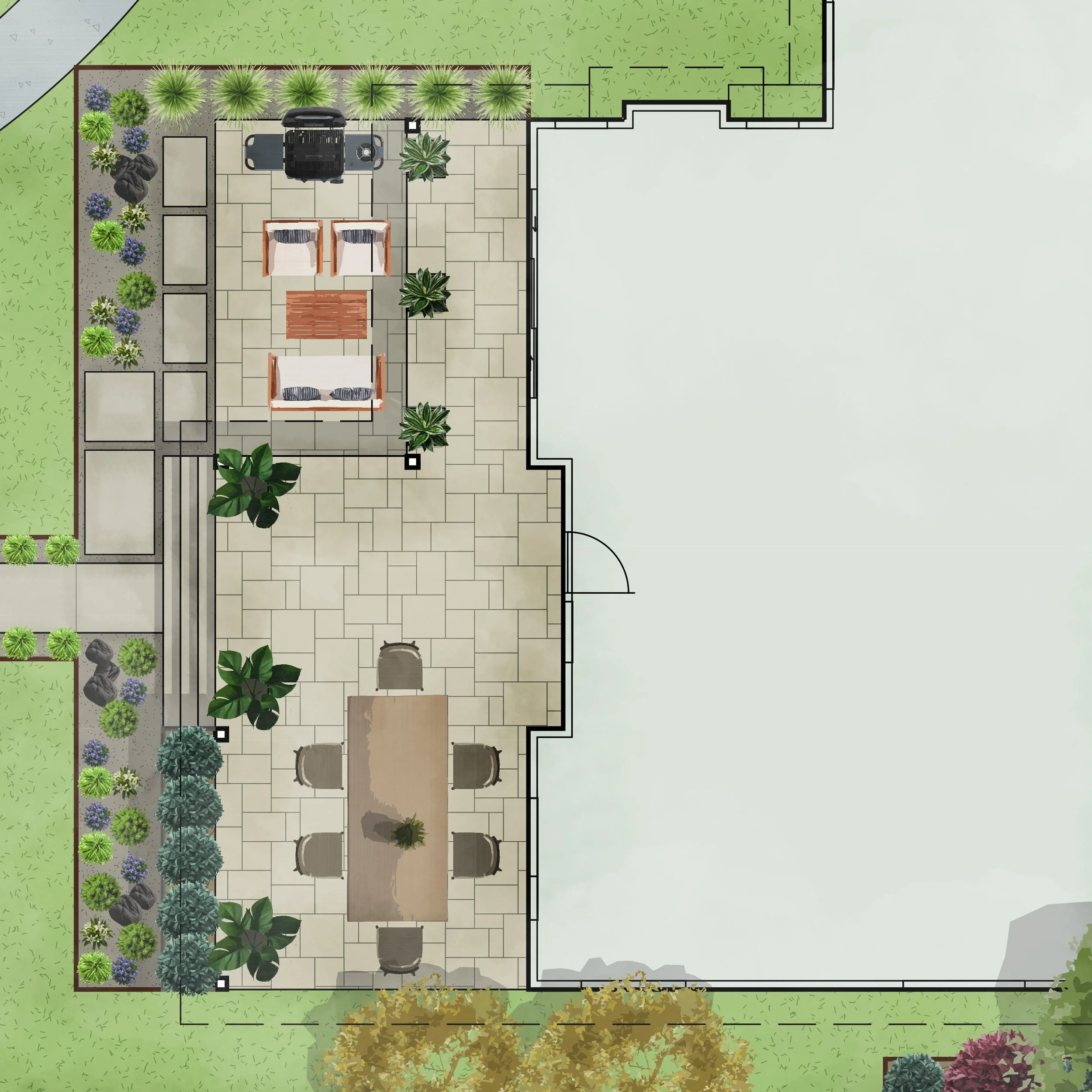 Plan of an outdoor patio and garden area with seating, plants, and landscaping features.