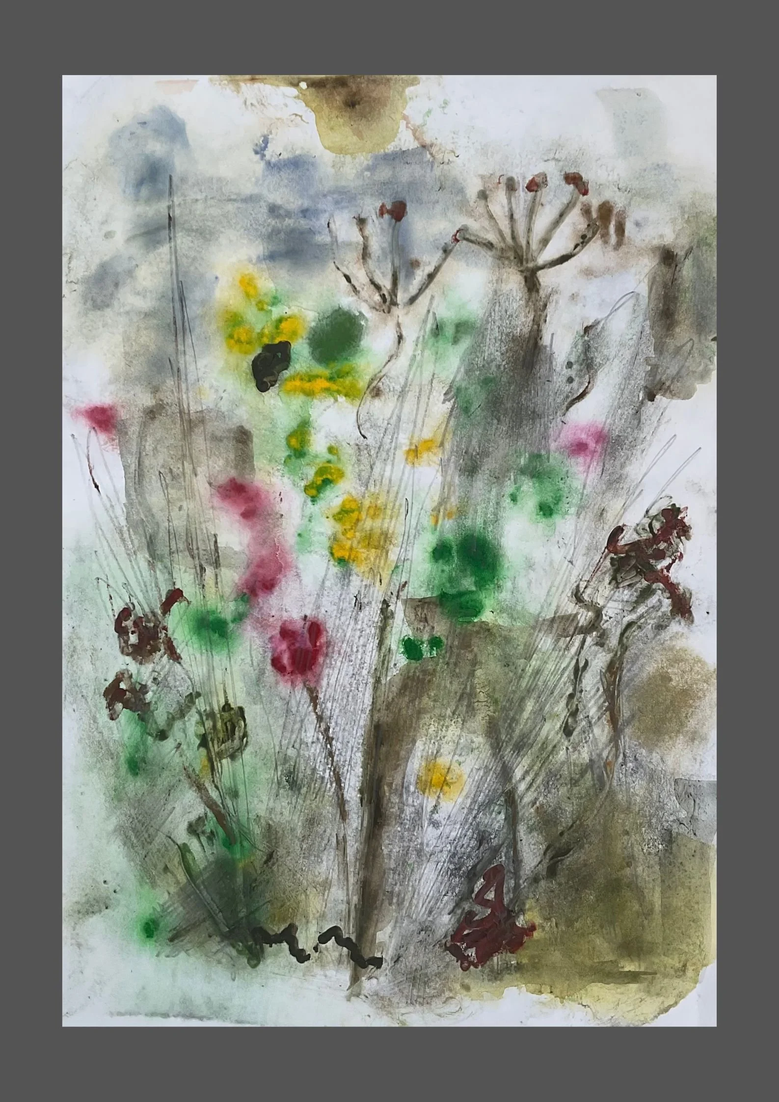 in the wild verges responses with watercolour , pencil and charcoal in muted colours mono printed onto paper