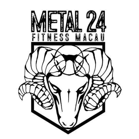 Logo for Metal 24 Fitness Macau featuring a stylized ram's skull with large curved horns and a symmetrical design.