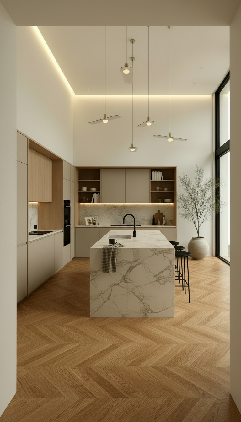 visgraat vloer in minimalistisch interieur