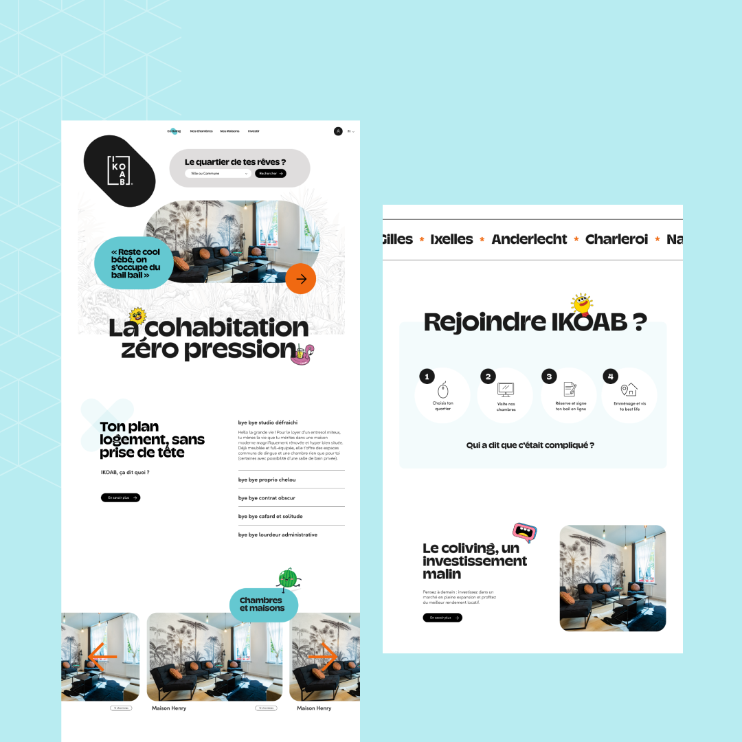 Page web présentant une offre de logement et une invitation à rejoindre IKAB, avec une image d'un salon moderne et des illustrations colorées.