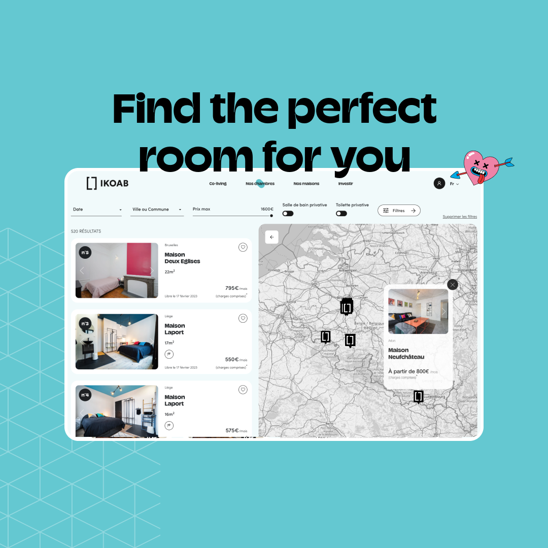 Page web de recherche de locations d'appartements avec un fond bleu, slogan en français "Trouve la pièce parfaite pour toi", et une interface affichant plusieurs annonces de logements avec photos, prix et localisation, incluant une carte de Belgique.