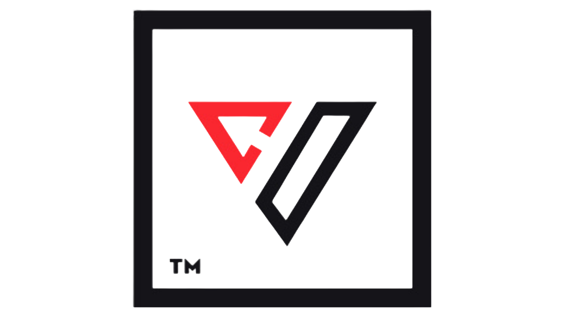 A logo with a red inverted triangle and a black slash symbol on a white background, enclosed in a black border.