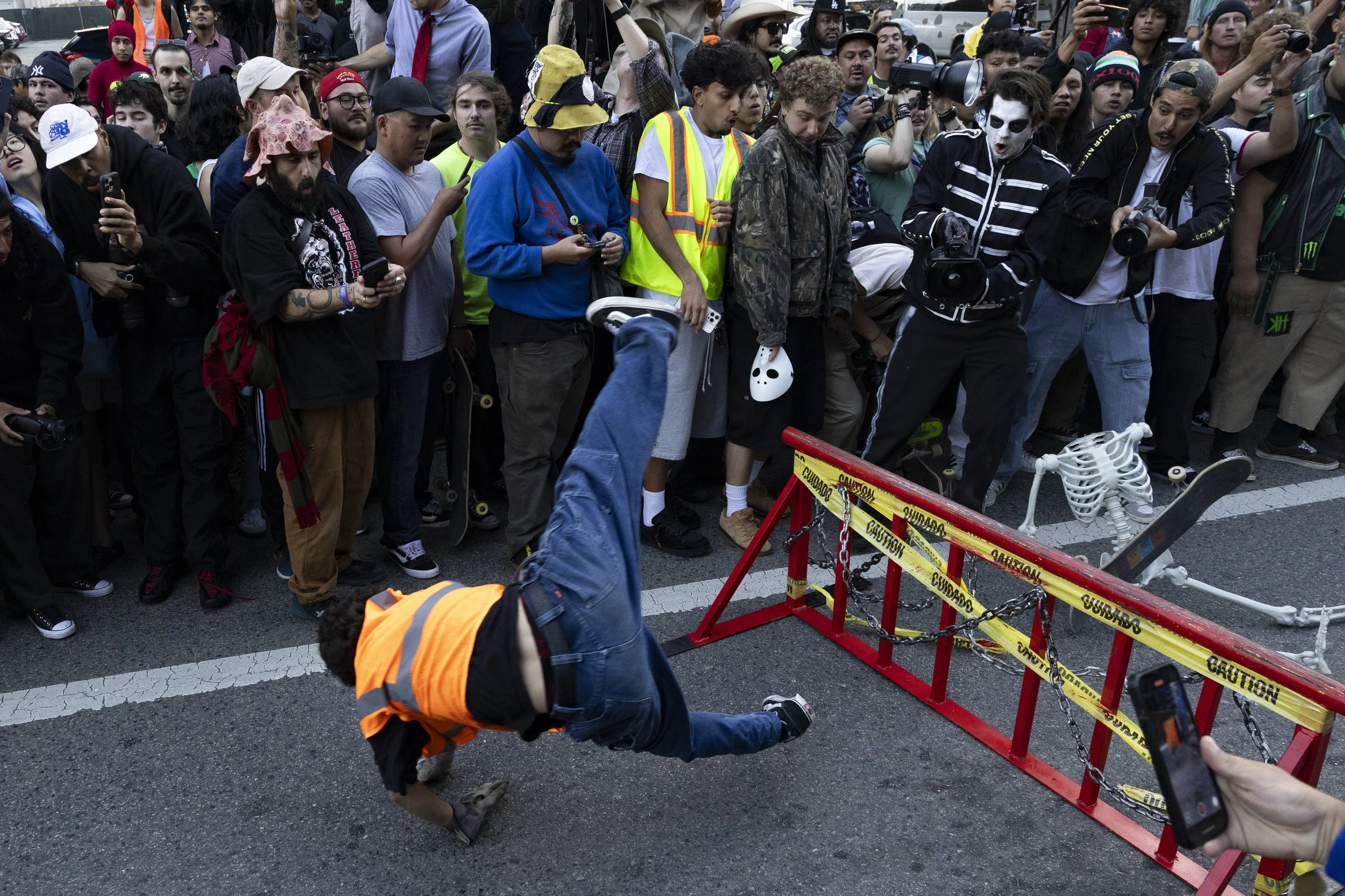 A skateboarder crashes during the annual Halloween Hellbomb event hosted by Thrasher, Vans, and Monster Energy on Saturday, Oct. 25, 2025, in downtown Los Angeles.


