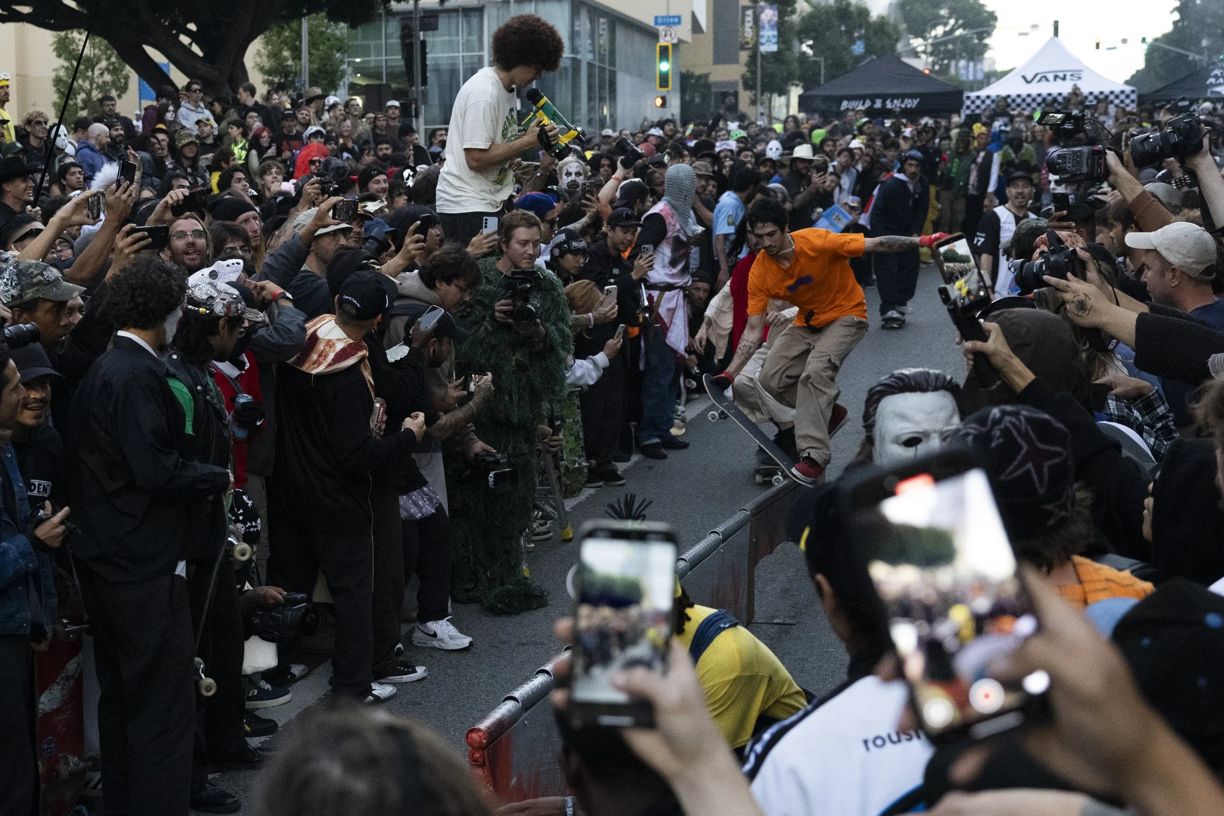 Skateboarders compete in the annual Halloween Hellbomb event hosted by Thrasher, Vans, and Monster Energy on Saturday, Oct. 25, 2025, in downtown Los Angeles.



