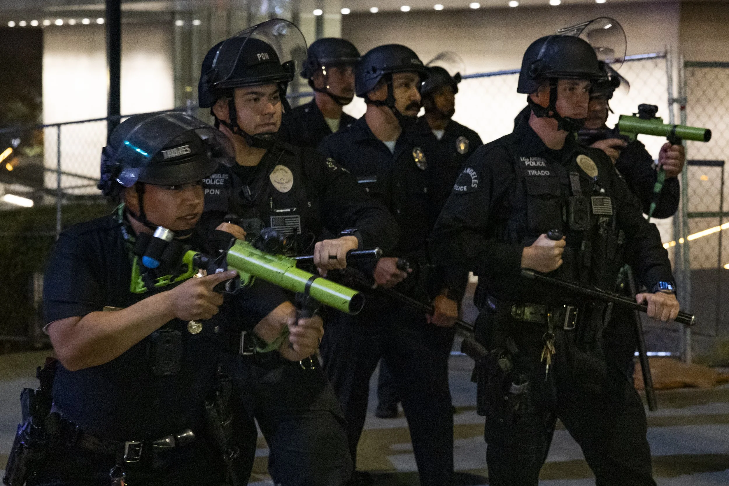 The Los Angeles Police Department formed a skirmish line during the Halloween Hellbomb event hosted by Thrasher, Vans, and Monster Energy on Saturday, Oct. 25, 2025, in downtown Los Angeles. The event was declared an unlawful assembly after participa