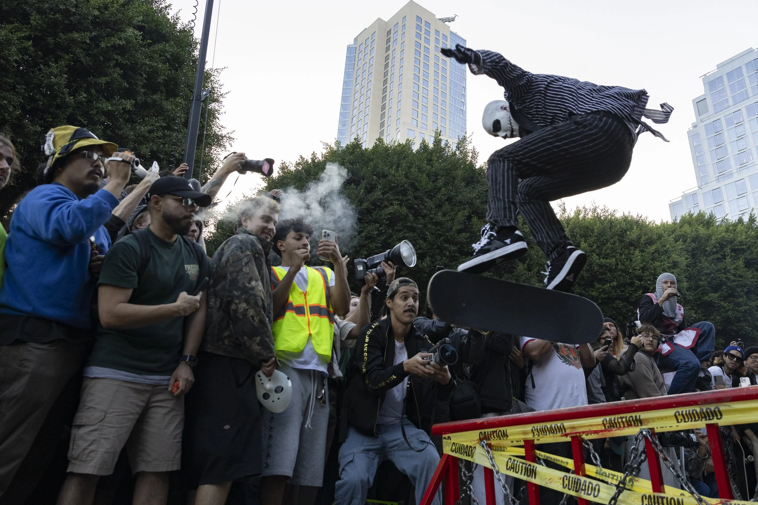 Skateboarders compete in the annual Halloween Hellbomb event hosted by Thrasher, Vans, and Monster Energy on Saturday, Oct. 25, 2025, in downtown Los Angeles.
