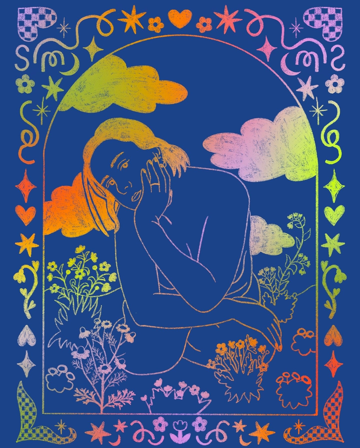 Dreamin&rsquo; 💙🧡☁️🌷💚🩷

#illustration #doodle #colour #erased #colourful #daydreaming #procreateart #hearts #stars #flowers #clouds