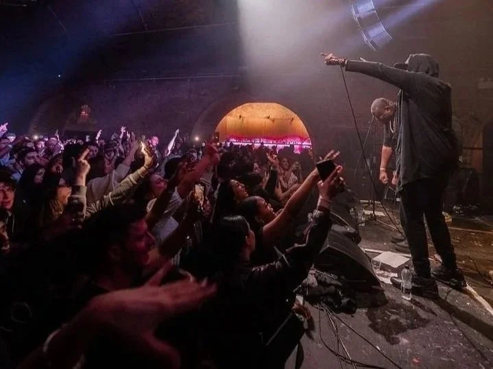 A singer performs on stage with one arm raised, facing a crowd of excited fans at an indoor concert venue.