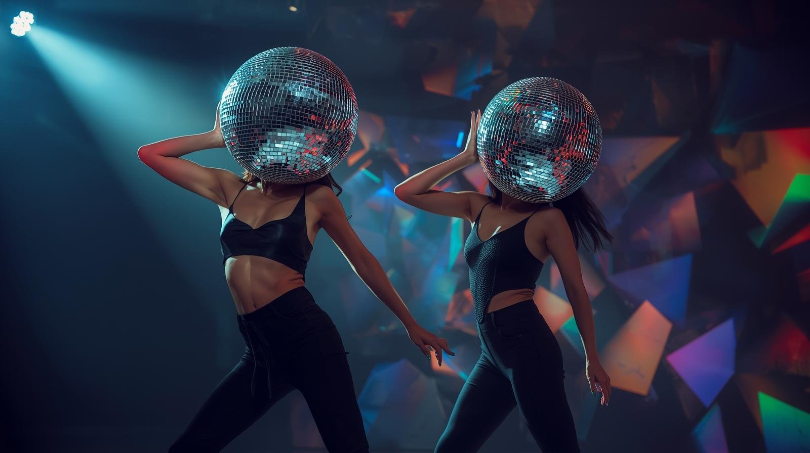 Two women with disco ball helmets dancing in a nightclub with colorful lighting and geometric wall patterns.