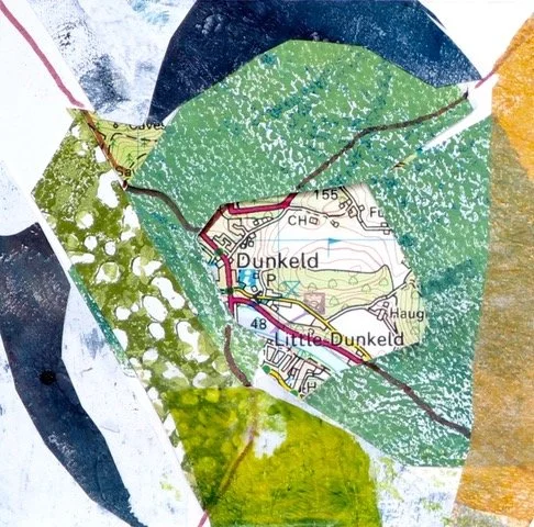 Artwork featuring a map of Dunkeld, surrounded by colorful paper and paint textures.