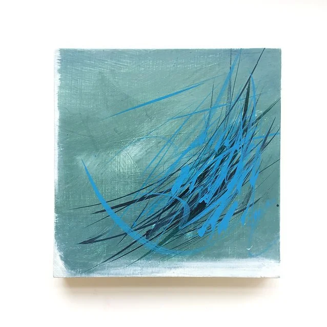 Abstract painting with blue and black streaks on a textured teal background.
