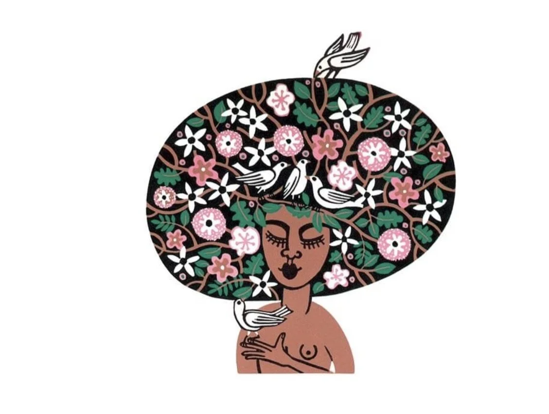 Illustration of a woman with large, floral hair adorned with pink and white flowers and green leaves, surrounded by multiple white birds.