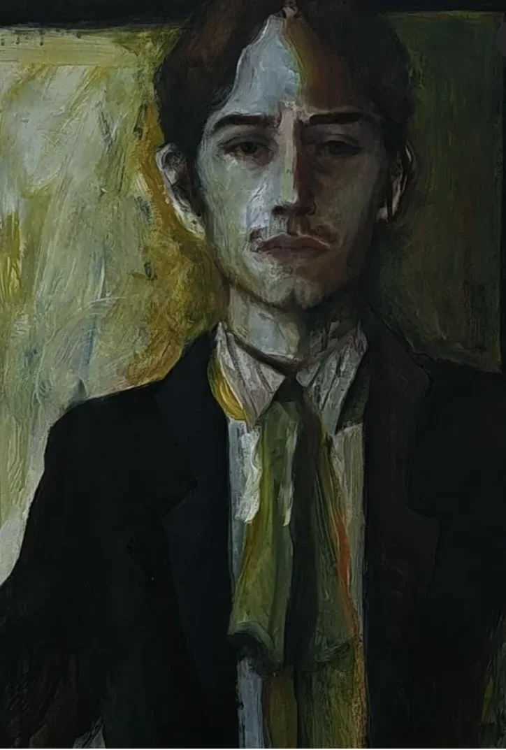 A painted portrait of a man with dark hair, wearing a black suit and a loosened tie. The background has a mix of yellow and green brushstrokes, and the overall style is expressive with visible brushstrokes.