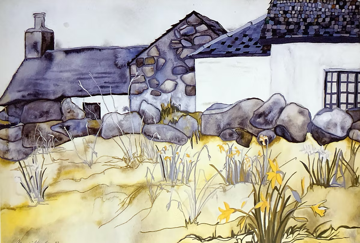 Watercolor painting of a rustic cottage with stone and thatched roofs, surrounded by rocks, yellow flowers, and dried grasses.