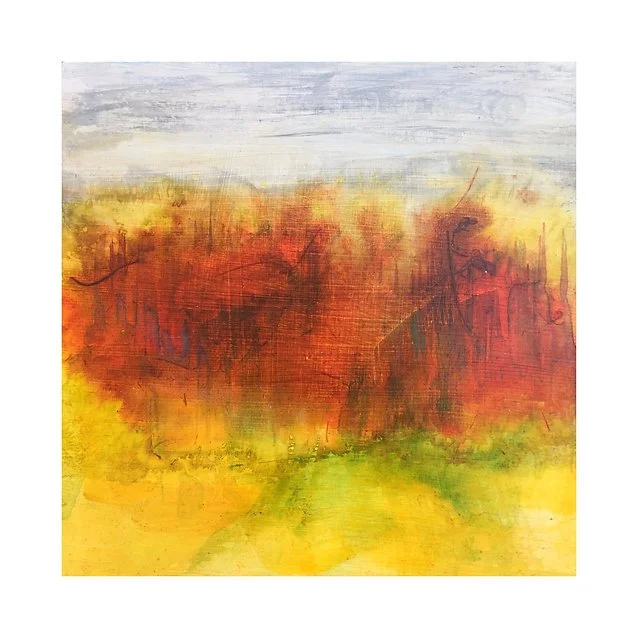 Abstract landscape painting with gray sky, orange and red trees, yellow foreground, and hints of green.