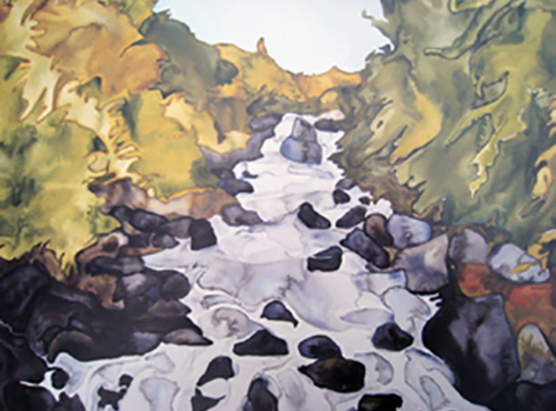 Watercolor painting of a flowing river with rocks, surrounded by green and yellow foliage.