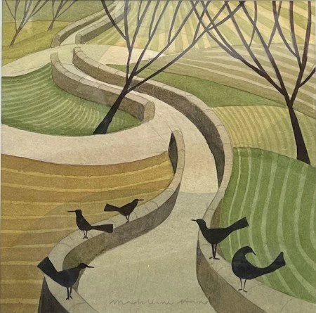 A stylized illustration of a park with winding walkways, leafless trees, and five blackbirds standing on the ground.