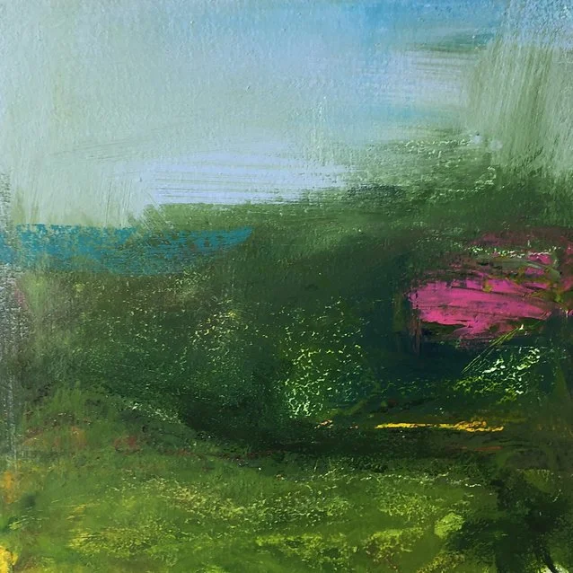 Abstract landscape painting with green, pink, yellow, and blue brushstrokes.