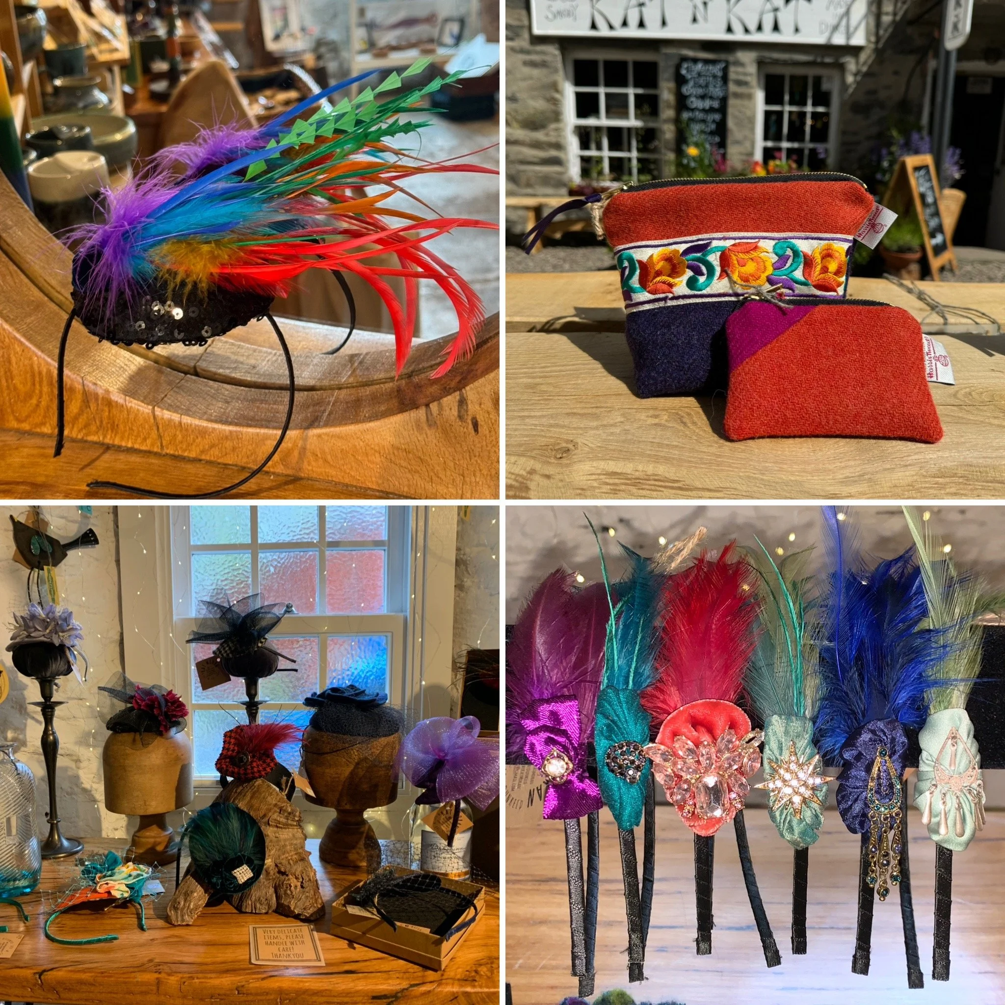 Top left: a colorful feathered headband with purple, blue, red, and yellow feathers. Top right: two embroidered fabric pouches with floral designs, one larger with a multicolored band and one smaller in shades of red and purple. Bottom left: a collection of headpieces, hats, and decorative items with feathers and fabric, displayed on wooden heads and a table. Bottom right: a row of decorated headbands with large vibrant feathers and jeweled embellishments.
