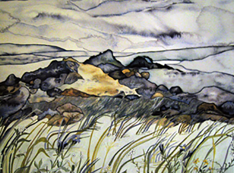 Painting of a rocky shoreline with grassy foreground and cloudy sky.