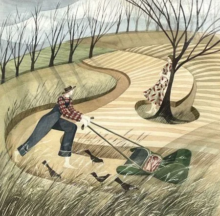 A person wearing a red plaid shirt, jeans, and a hat pulls an old-fashioned green lawn roller across a field with a dog lying nearby. The landscape features rolling hills, leafless trees, and a winding dirt path.