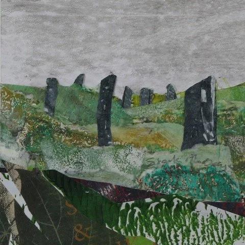 An artistic depiction of a landscape with standing stones on a grassy hill, and a body of water with trees in the foreground.