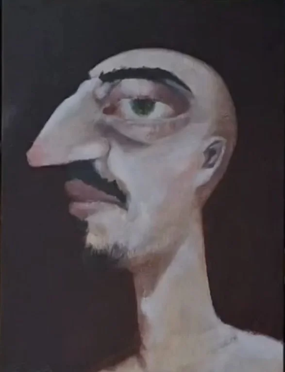 A surreal painting of a man with facial features combined with a large, exaggerated nose and a prominent eye on the forehead, blending human elements with abstract distortion.
