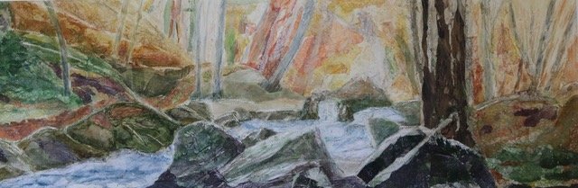 Waterfall flowing over rocks in a forest.