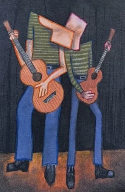 Painting of two people with musical instruments, each with a guitar, in exaggerated proportions, standing side by side against a dark background.