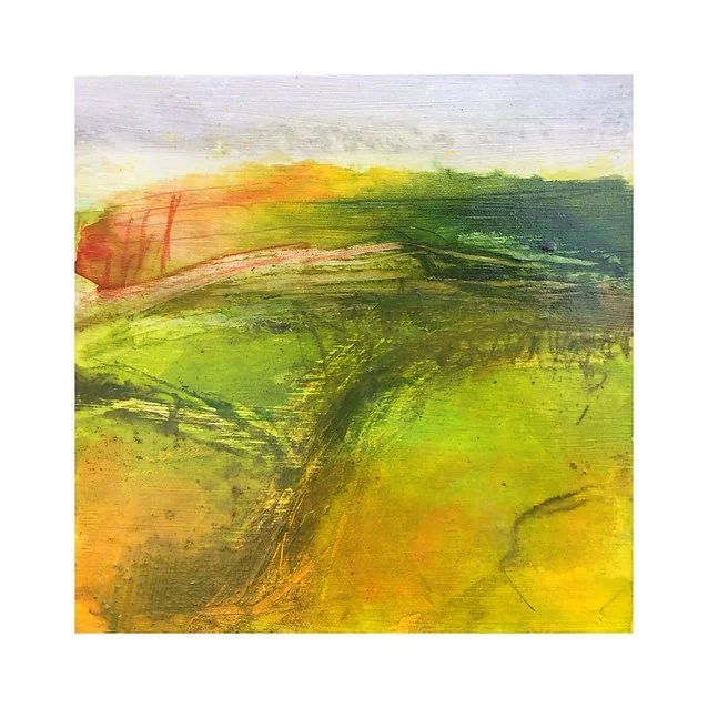 Abstract landscape painting with shades of green, yellow, orange, and touches of red and gray.
