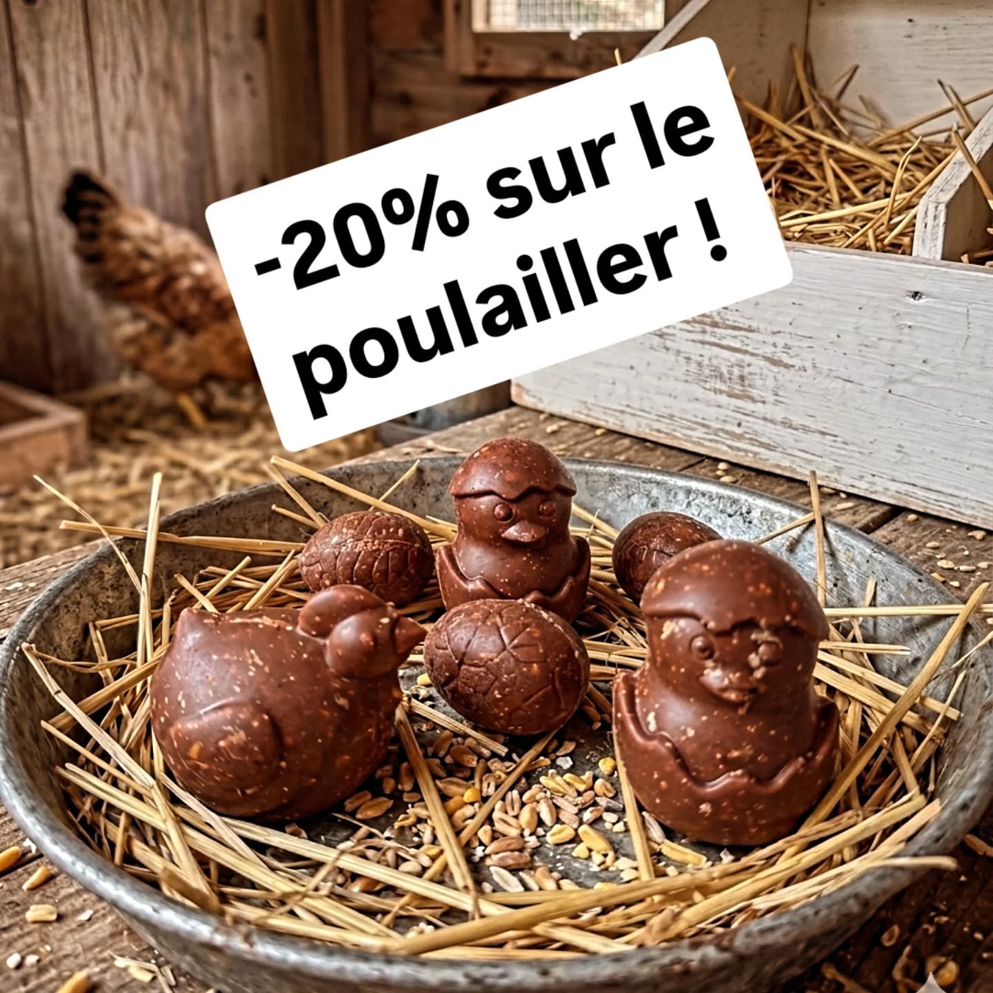 🐣 P&acirc;ques se termine&hellip; et le poulailler aussi ! 🍫

Les derniers sachets d&rsquo;&oelig;ufs, poussins et poules sont encore disponibles&hellip; et passent &agrave; -20%.

Toujours les m&ecirc;mes essentiels :
🍫 chocolat noir 75% du Costa