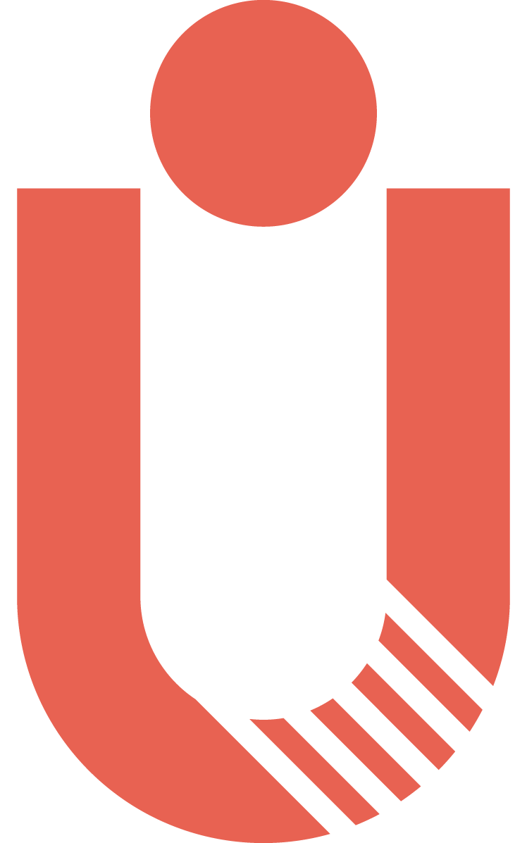 An abstract graphic design featuring a large red circle at the top, a vertical red rectangle on each side, and diagonal striped lines at the bottom.