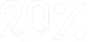 Bold white '20%' on a black background, with the numbers stylized with diagonal lines and shading.