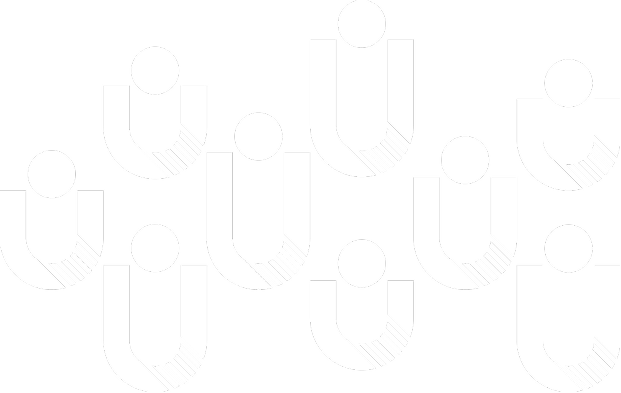 Pattern of black and white abstract shapes resembling U's and circles on a black background.